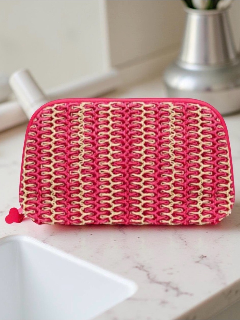 Benefit San Fransisco Pink and Ivory Woven Cosmetic Pouch